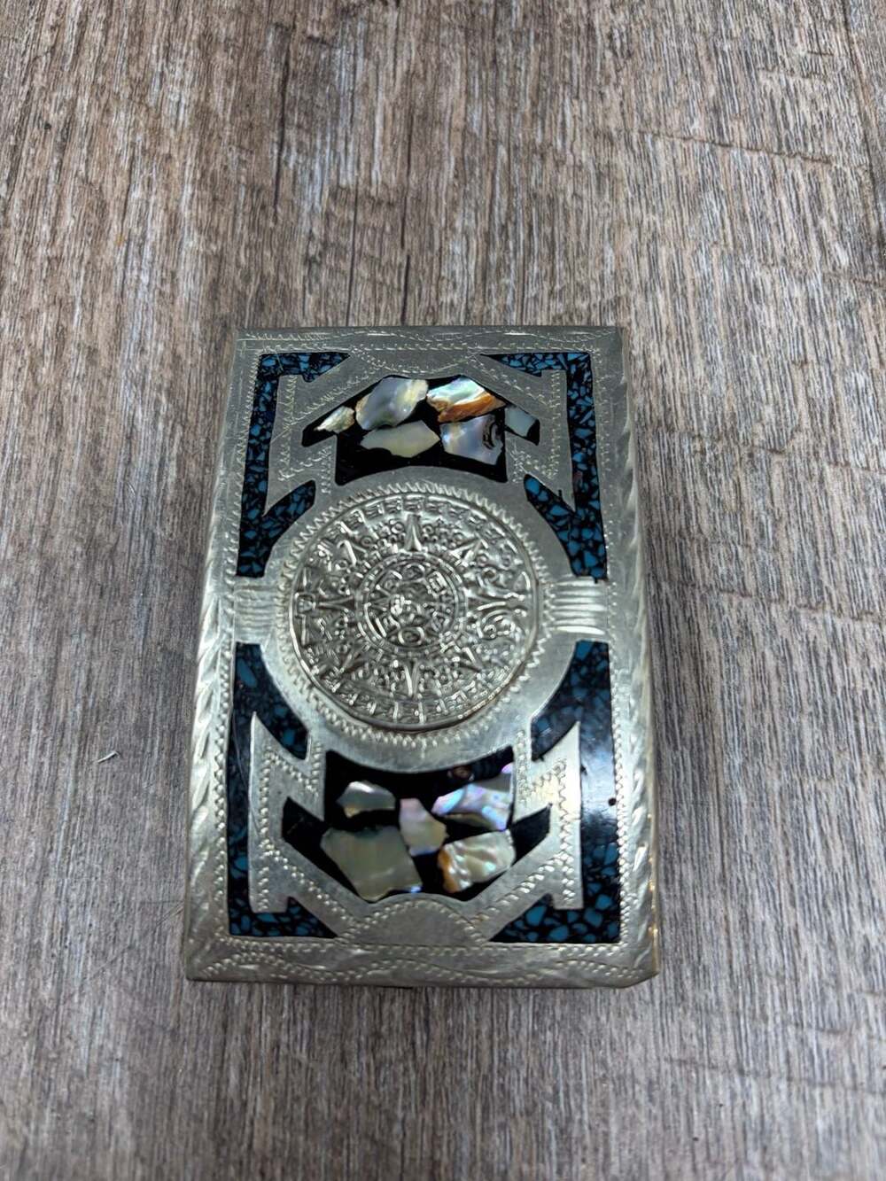 Vintage Mexican Aztec Mayan Calendar Abalone and Turquoise Inlay Belt Buckle